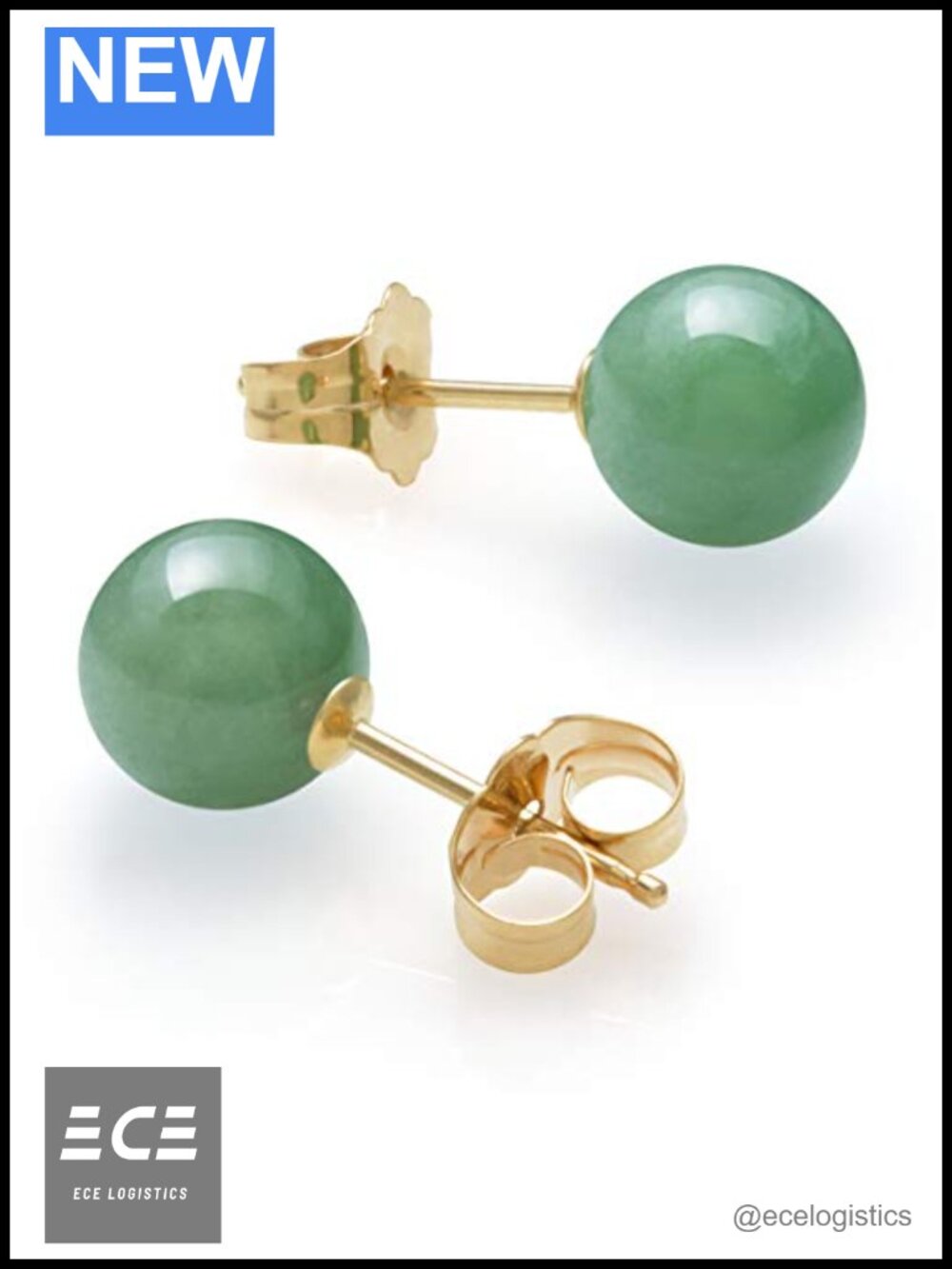 14K Yellow Gold Jade Stud Earrings 6mm Round Push Back